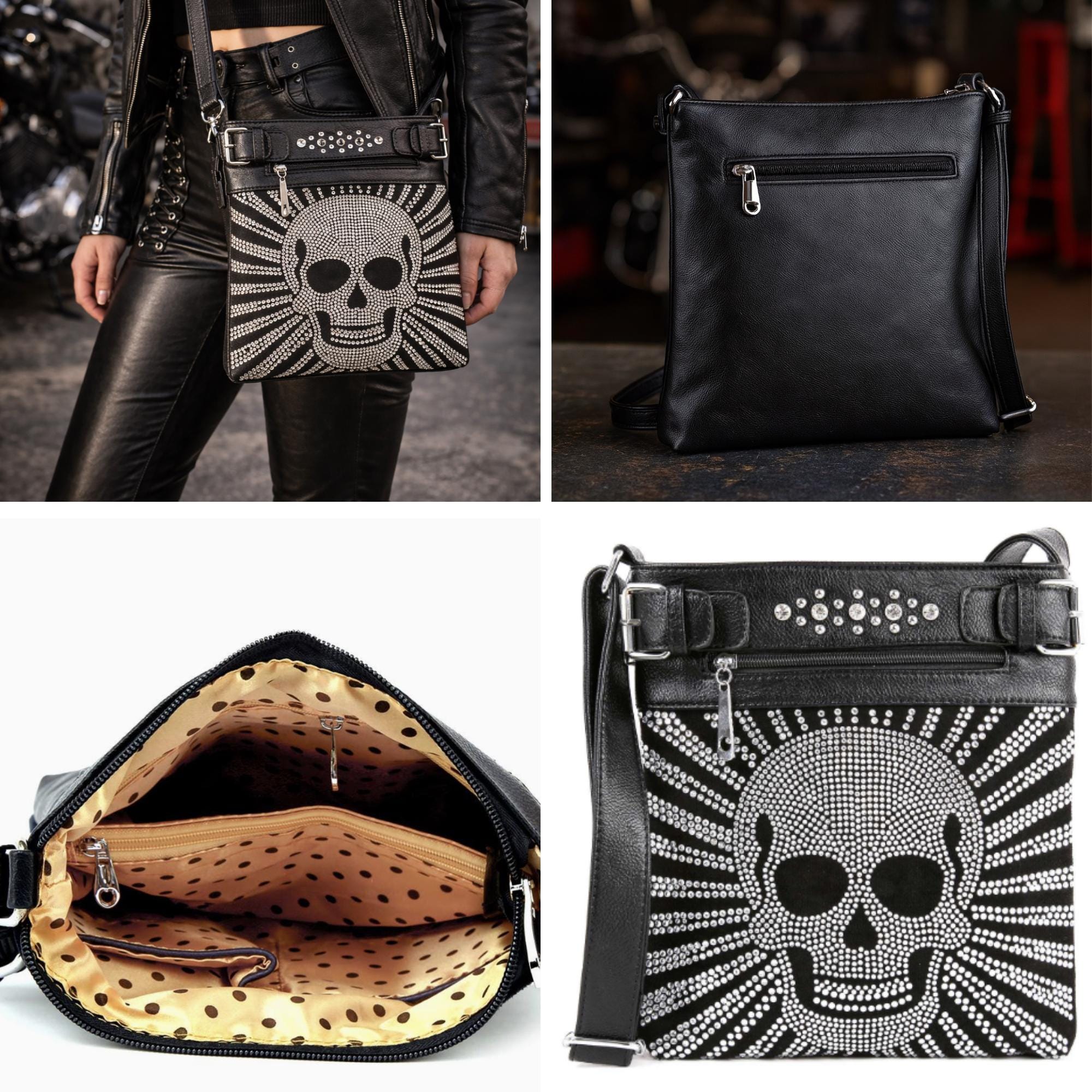 Gothic Skull Crossbody Bag, Studded Messenger Purse for Concert and Alternative Style