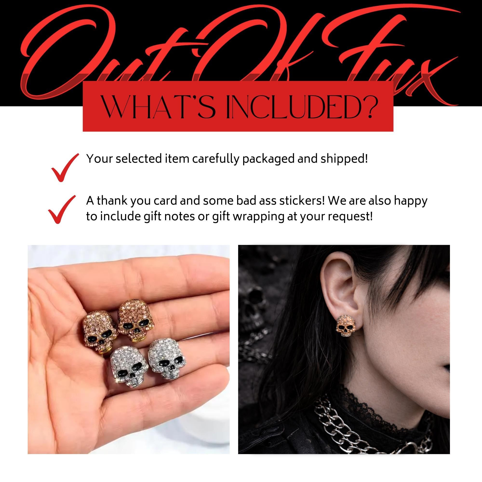 Cubic Zirconia Skull Stud Earrings, Silver or Rose Gold Goth Jewelry, Edgy Biker Punk