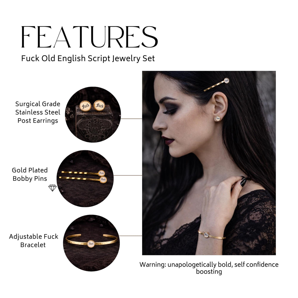 Edgy Brass Jewelry Set, Swear Word Cuff Bracelet, Stud Earrings, Bobby Pins