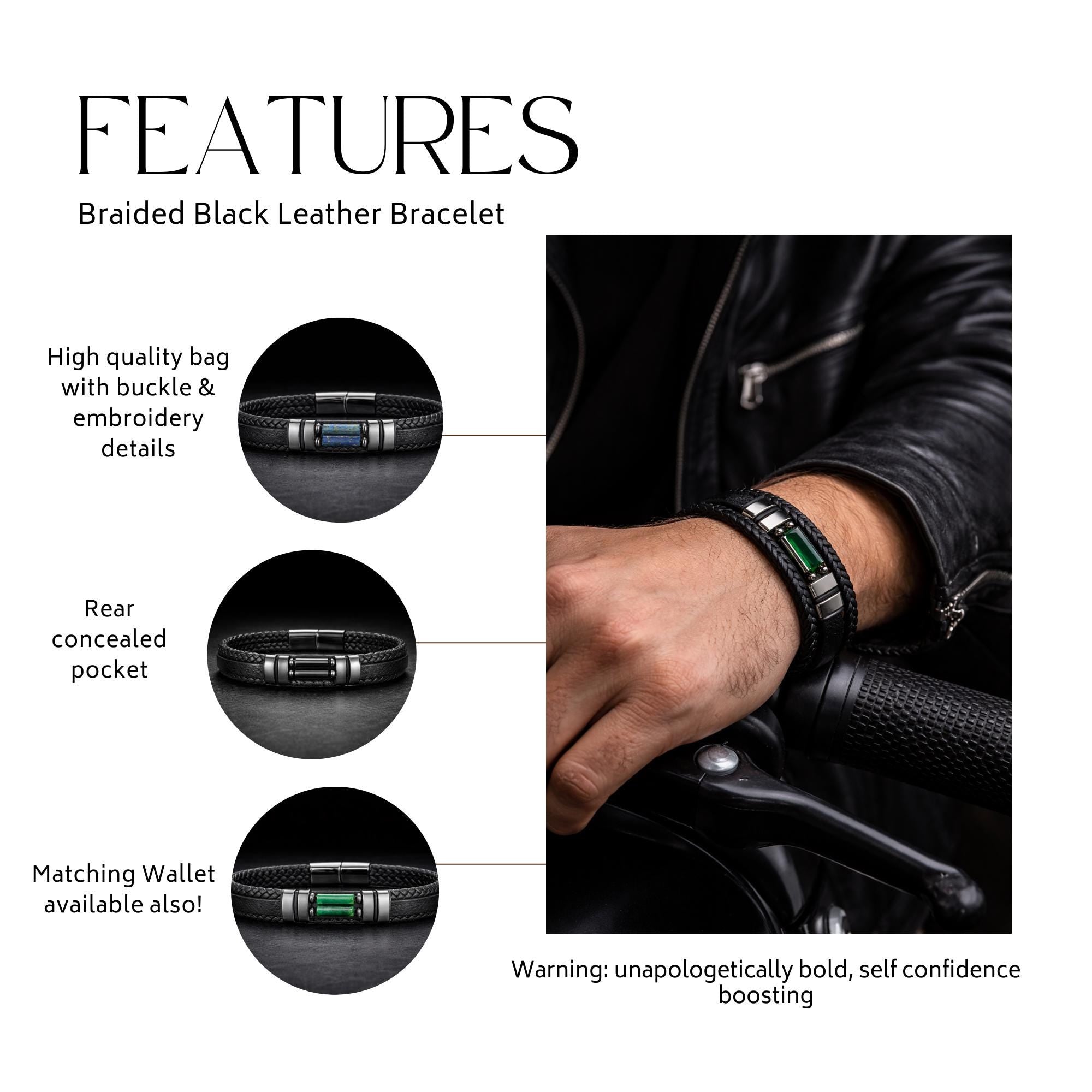 Braided Leather Biker Bracelet for Men, Black Motorcycle Style with Stone Inlay and Magnetic Clasp