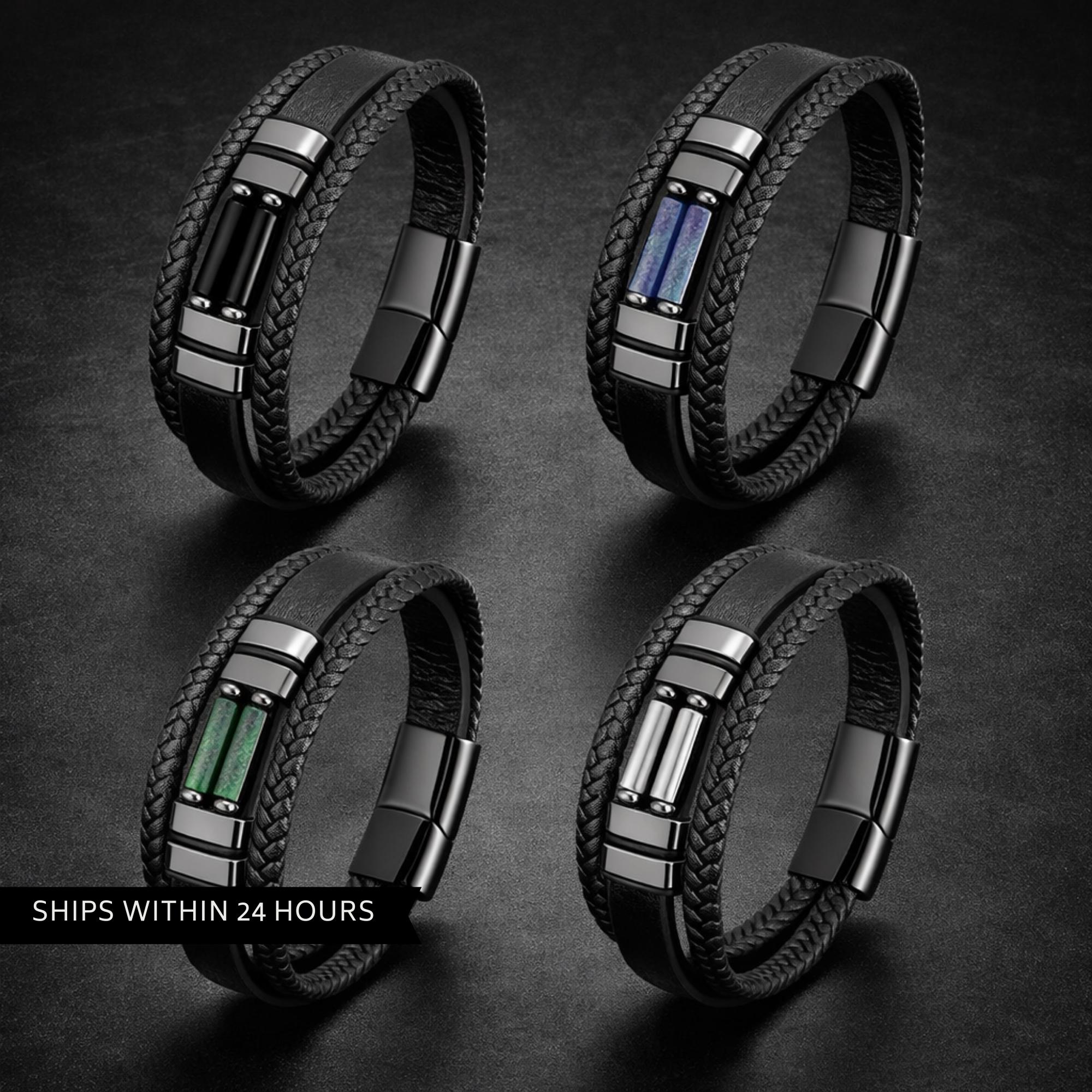 Braided Black Leather Bracelet for Men: Layered Stone Biker Jewelry