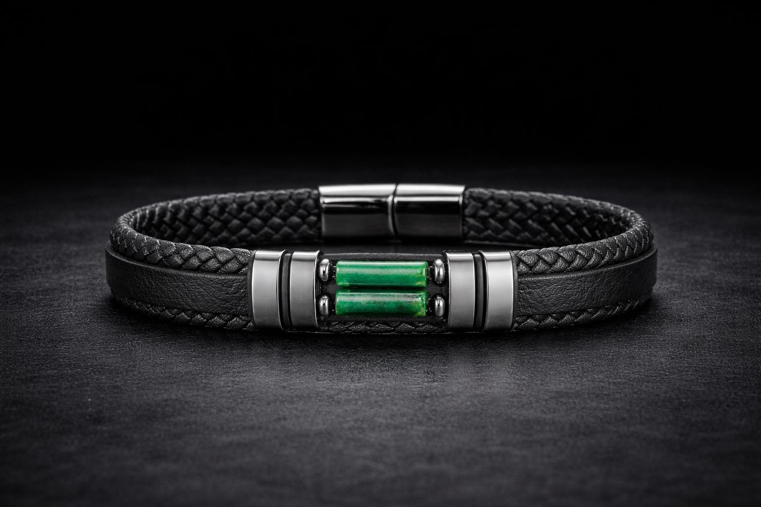 Braided Leather Biker Bracelet for Men, Black Motorcycle Style with Stone Inlay and Magnetic Clasp