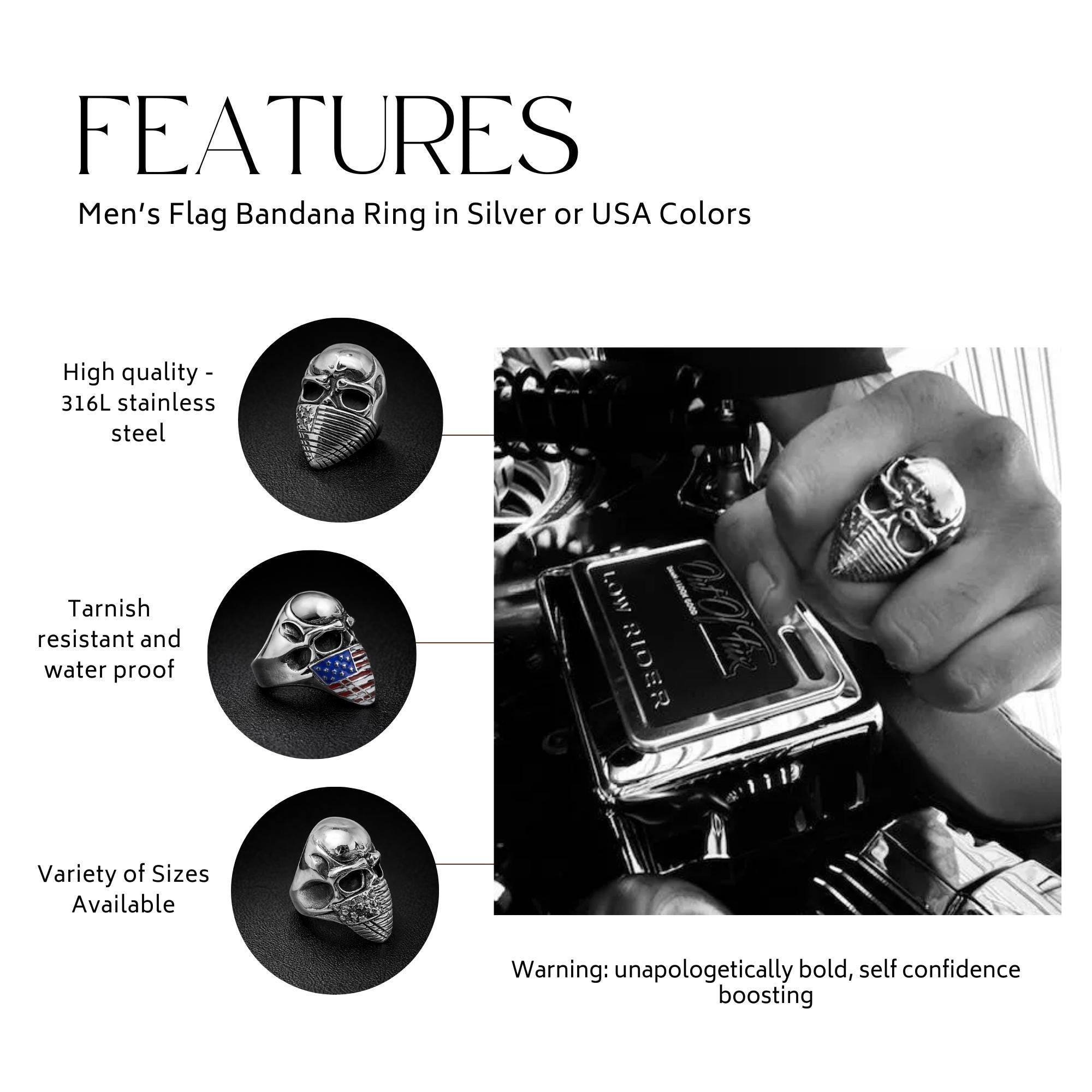 Stainless Steel American Flag Skull Ring for Men