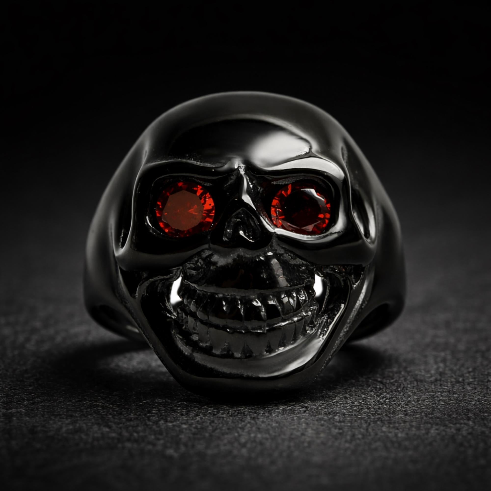 Black Stainless Steel Skull Ring for Men, Red CZ Eyes Biker Style