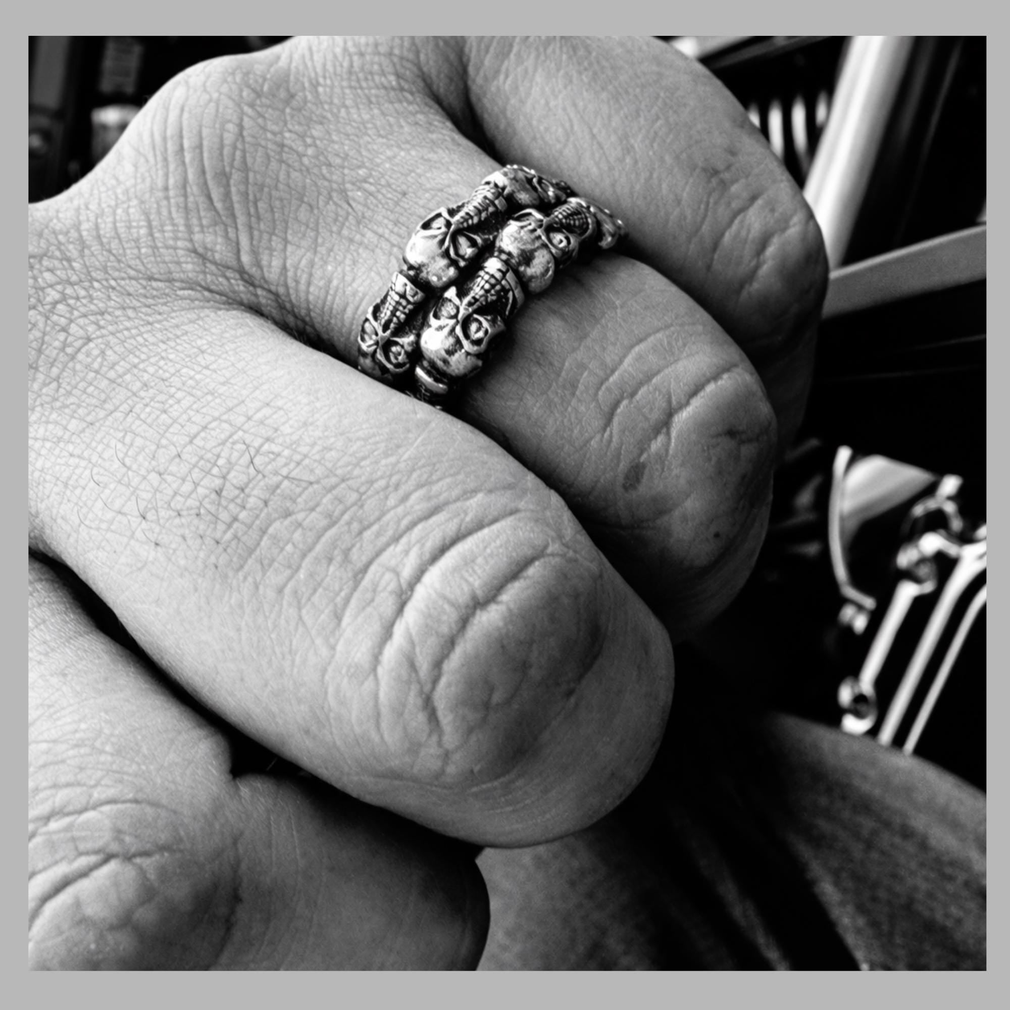 Mens Stainless Steel Skull Biker Ring, Heavy Motorcycle Jewelry with CZ Accents