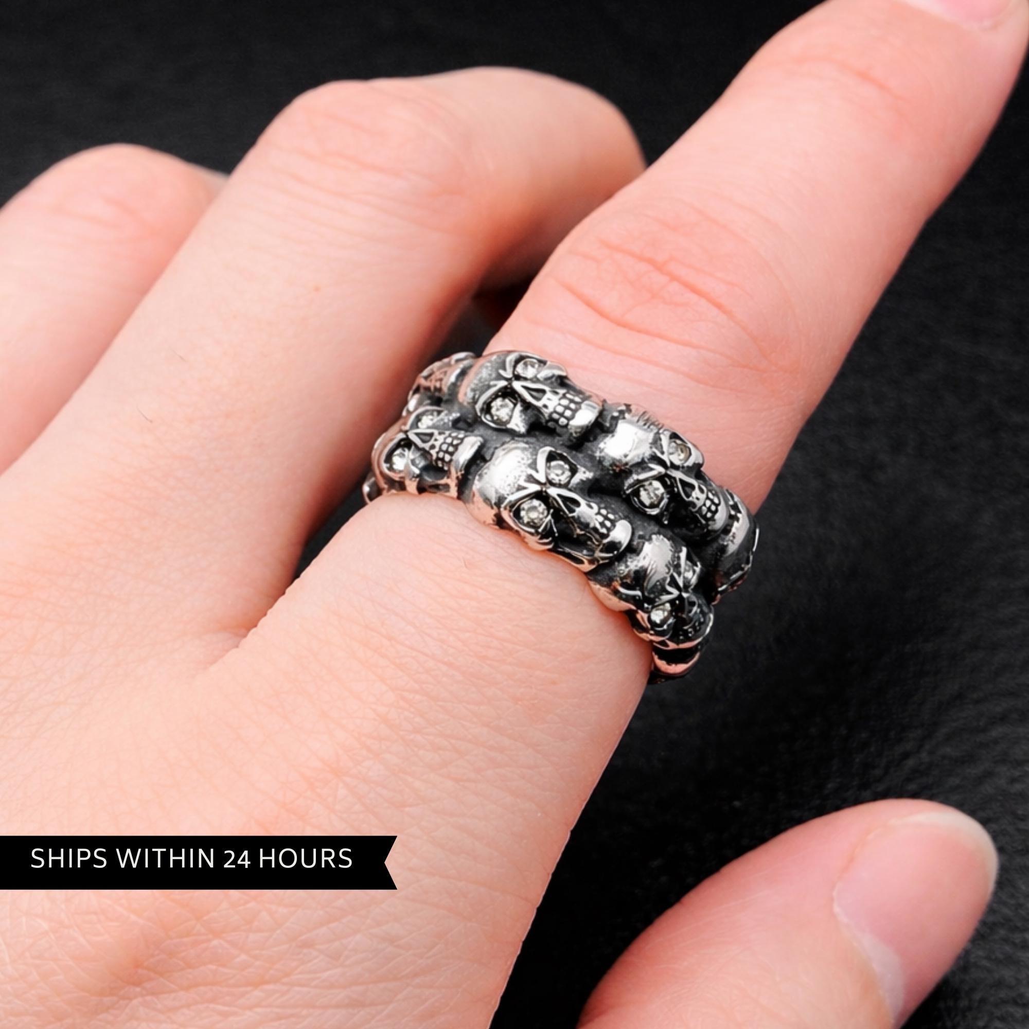 Mens Stainless Steel Skull Biker Ring, Heavy Motorcycle Jewelry with CZ Accents