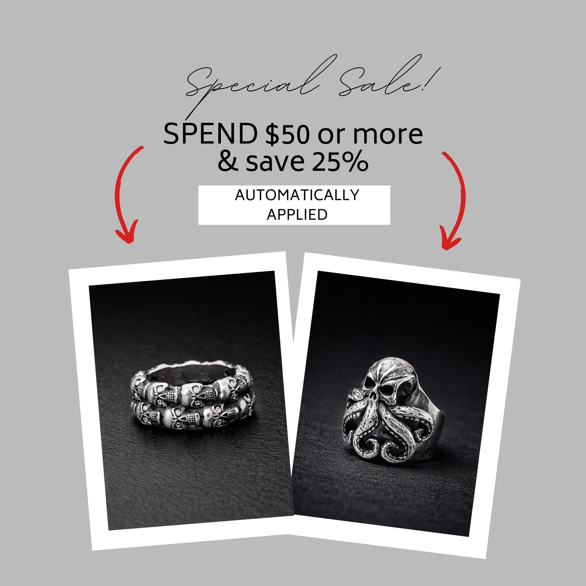 Stainless Steel Kraken Skull Ring, Gothic Octopus Biker Ring for Men