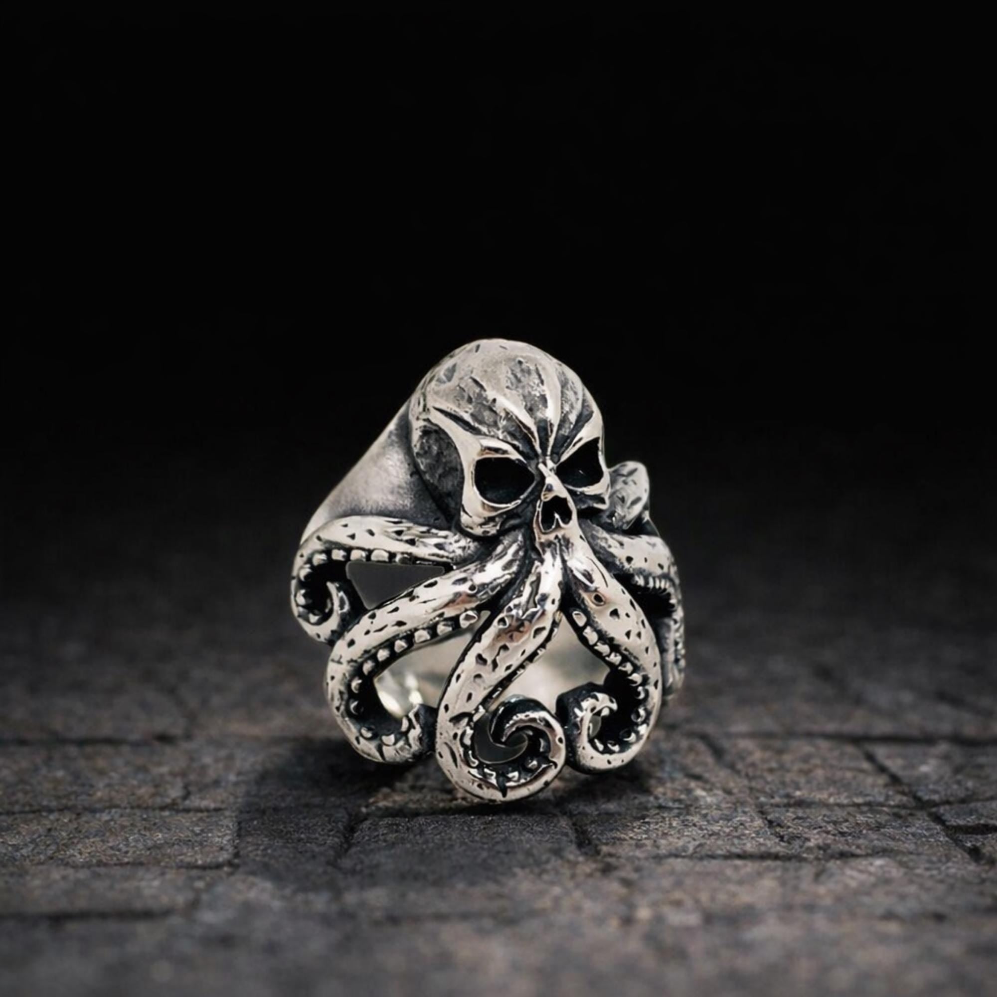 Stainless Steel Kraken Skull Ring, Gothic Octopus Biker Ring for Men