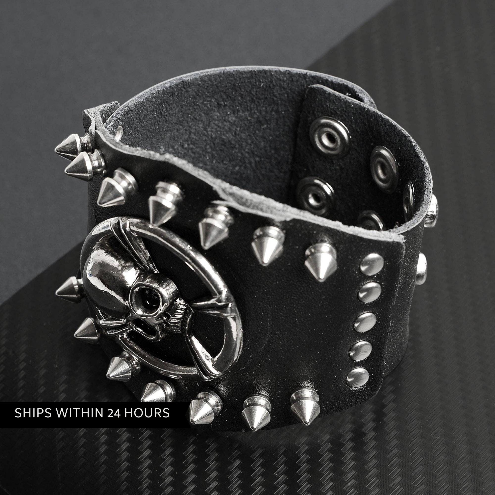 Biker Skull Leather Cuff Bracelet for Men, Faux Leather Wristband with Stainless Steel Studs