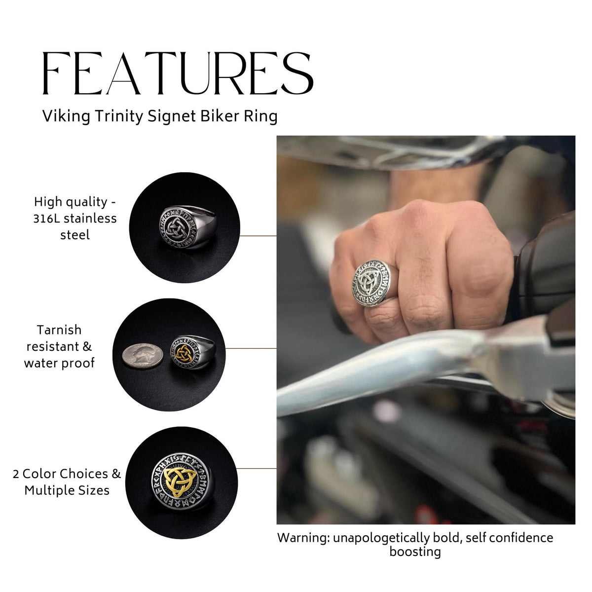 Viking Rune Statement Ring for Men, Norse Mythology Triquetra Ring
