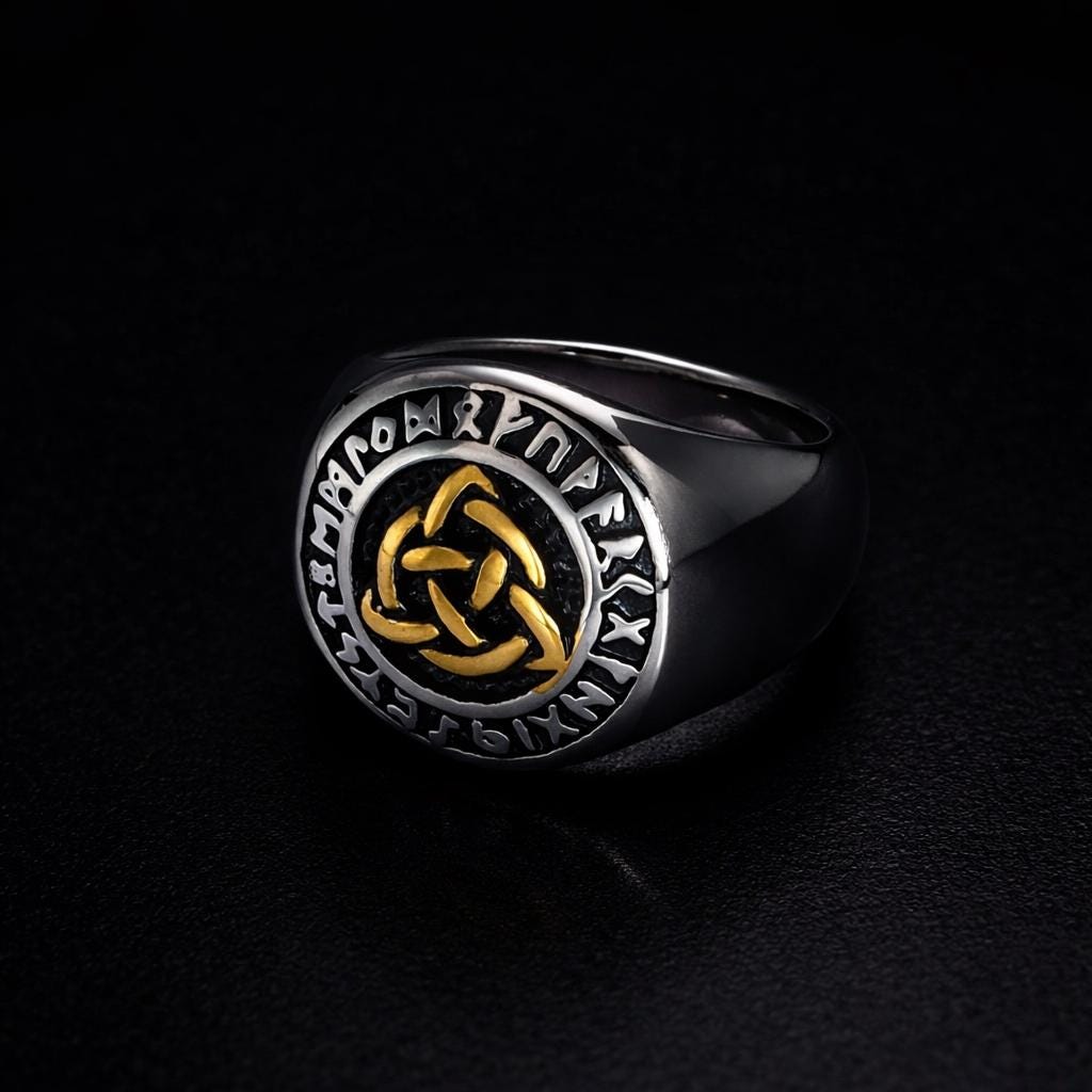 Viking Rune Statement Ring for Men, Norse Mythology Triquetra Ring