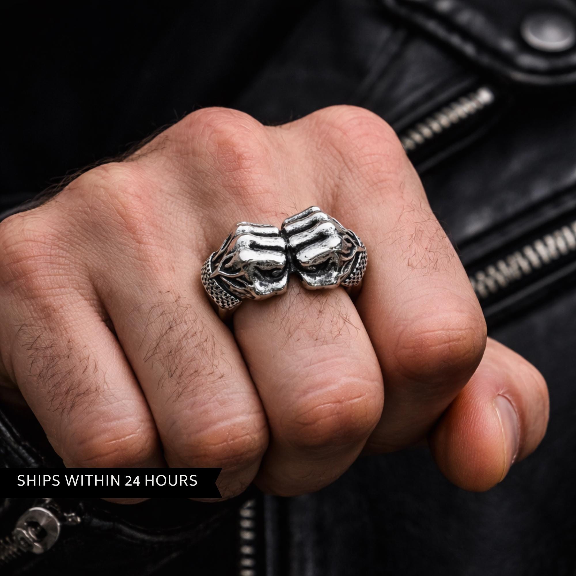 Stainless Steel Flamed Fist Ring for Men, Bold Biker Statement Jewelry