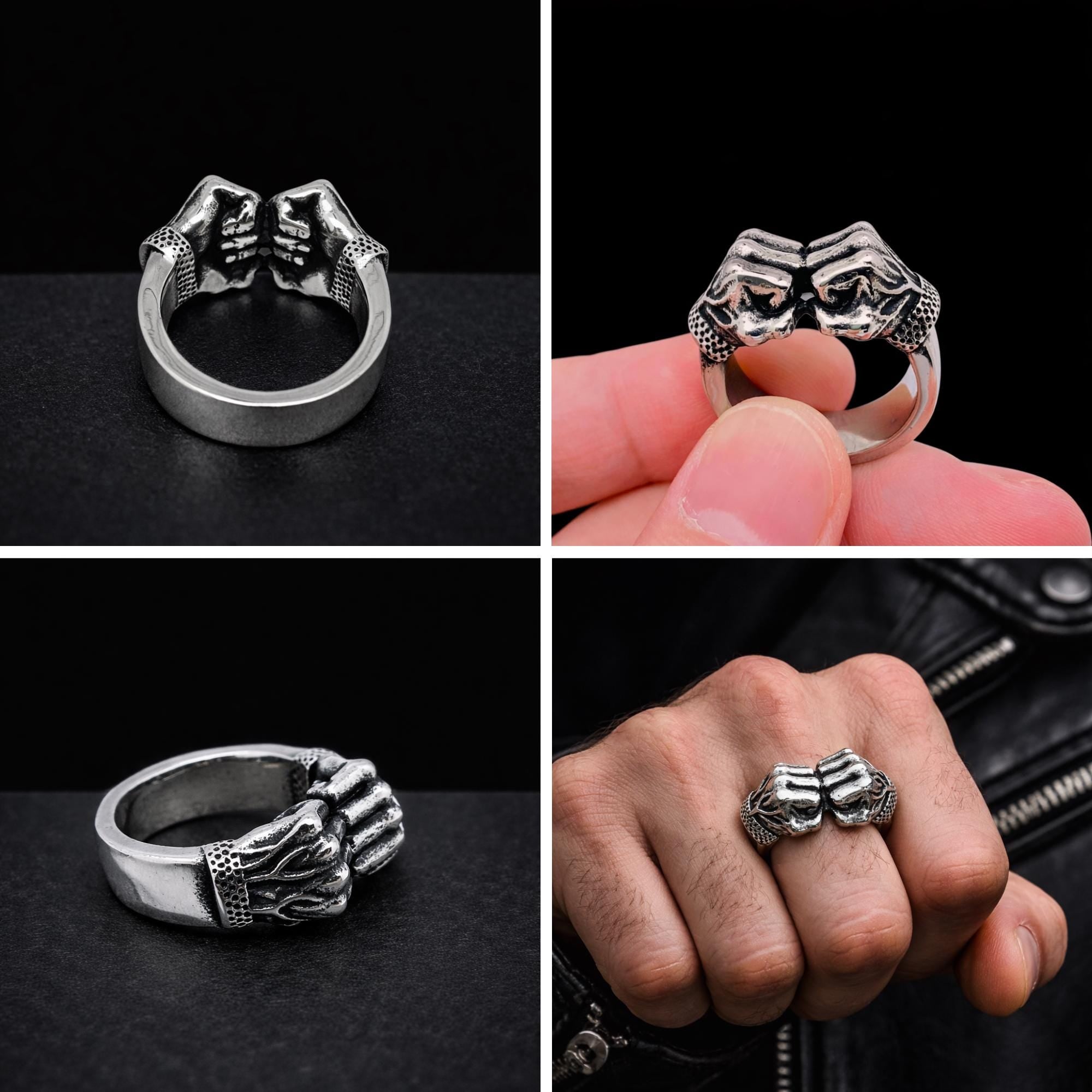 Stainless Steel Flamed Fist Ring for Men, Bold Biker Statement Jewelry