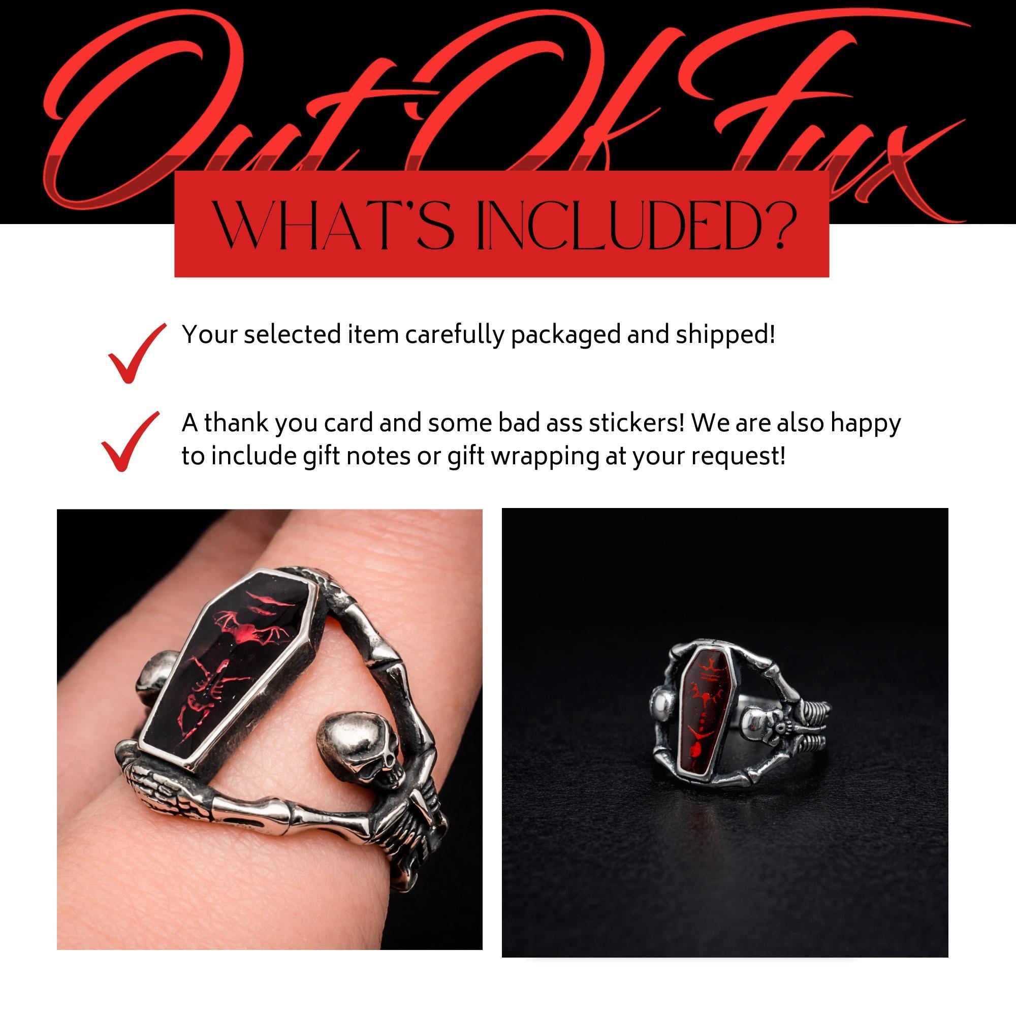 Red Coffin Skeleton Ring, Gothic Stainless Steel Statement Ring