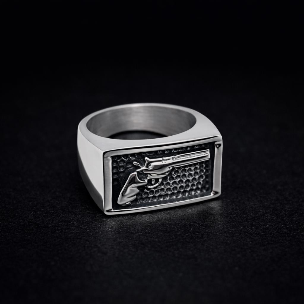 Men’s Biker Revolver Ring: Stainless Steel Gold or Silver Gun Design