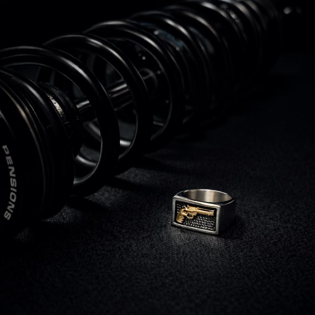 Men’s Biker Revolver Ring: Stainless Steel Gold or Silver Gun Design