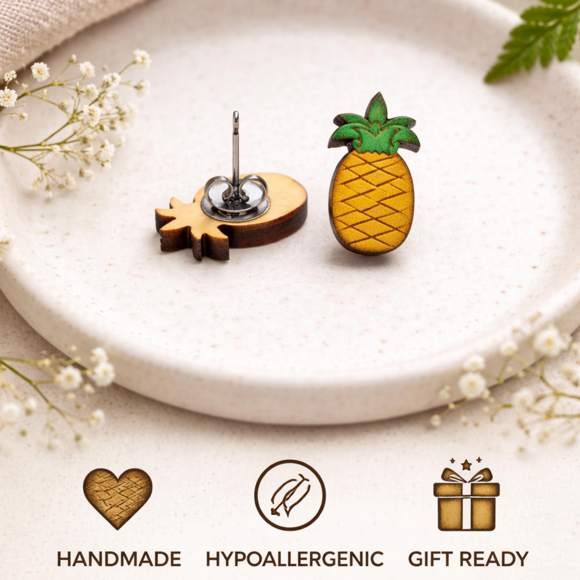 Wooden Pineapple Stud Earrings – Lightweight Tropical Fruit Jewelry