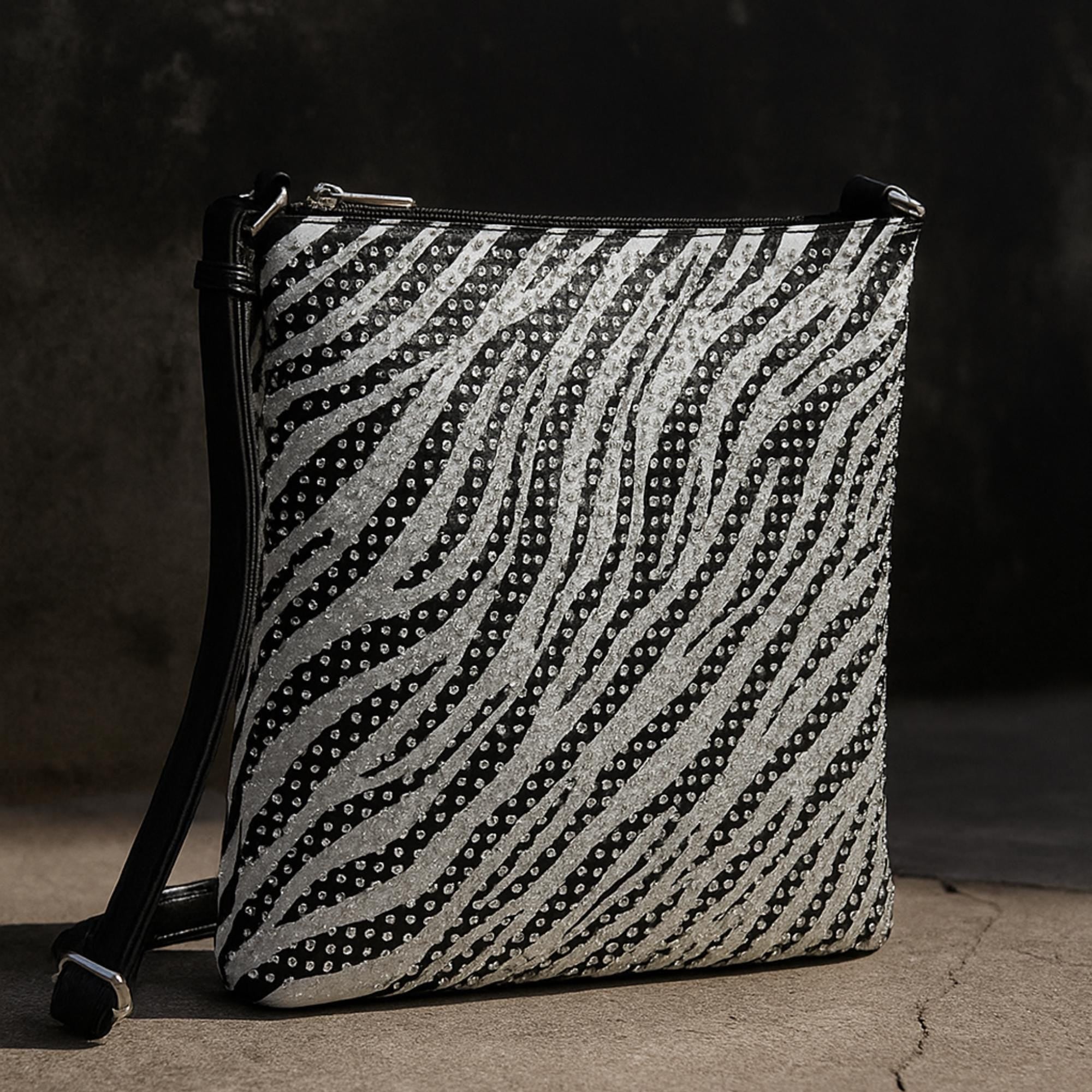 Rhinestone Zebra Crossbody: Faux Leather Chain Purse for Women