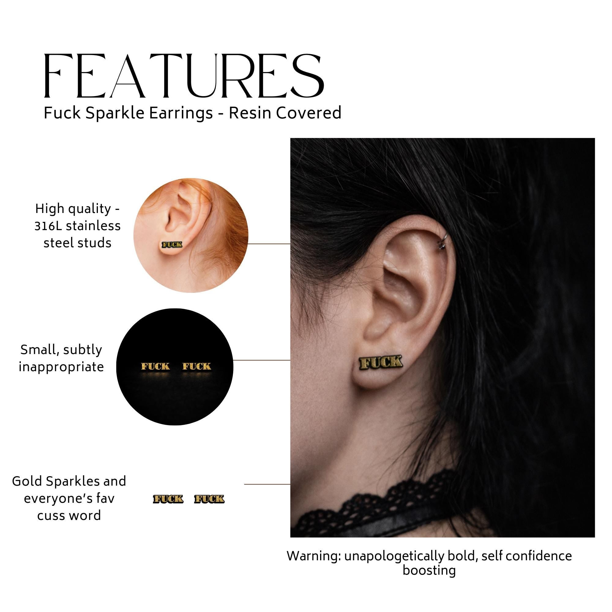 Gold Glitter Fuck Stud Earrings, Bold Statement Jewelry for Women