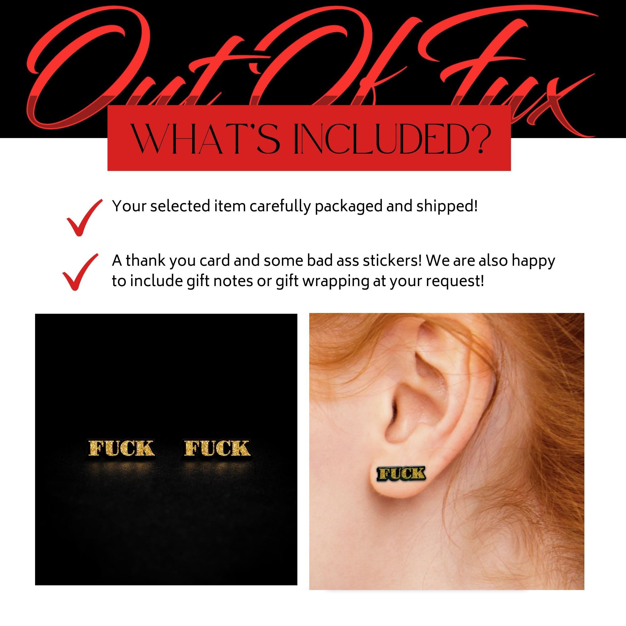 Gold Glitter Fuck Stud Earrings, Bold Statement Jewelry for Women