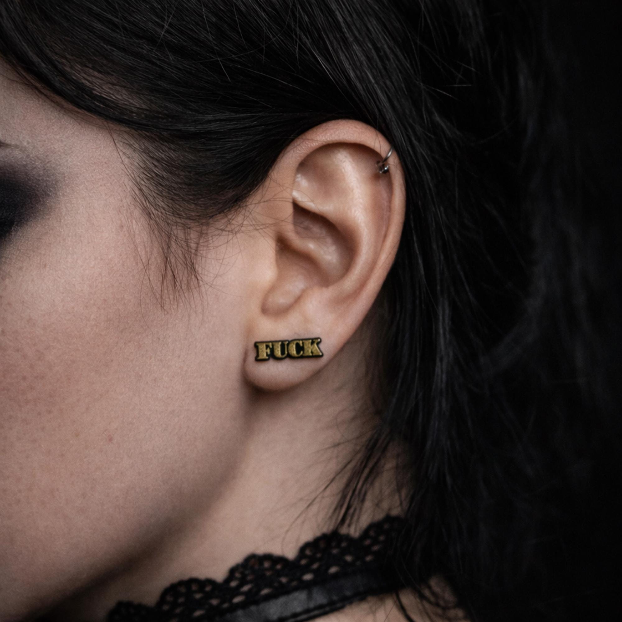 Gold Glitter Fuck Stud Earrings, Bold Statement Jewelry for Women