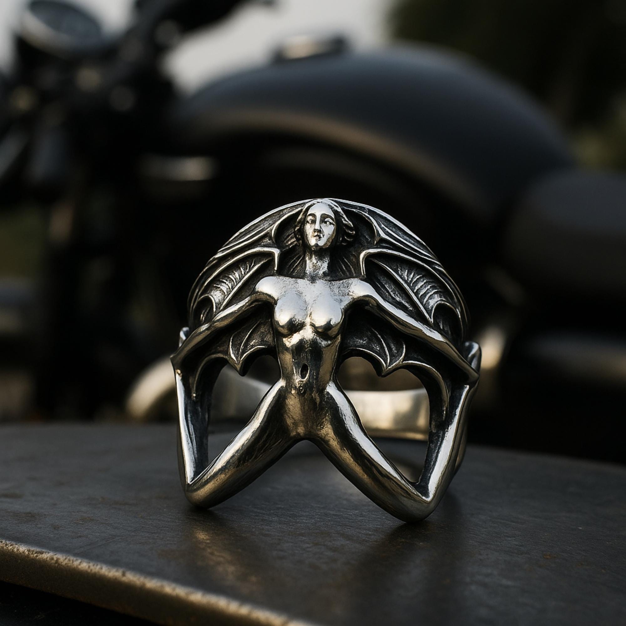 Winged Woman Stainless Steel Ring: Gothic Biker Jewelry for Men