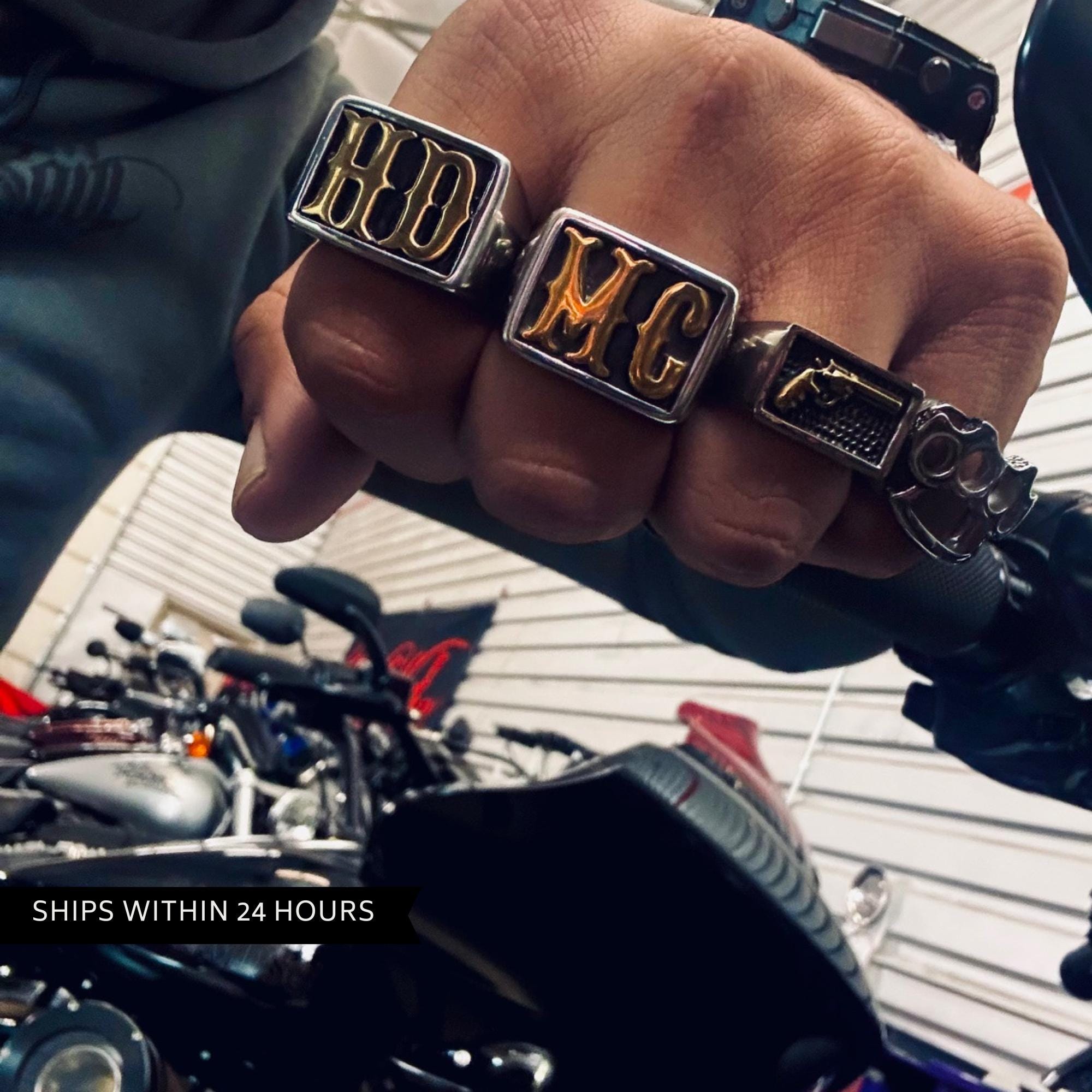 HD or MC Stainless Steel Biker Ring in Gold or Silver Finish