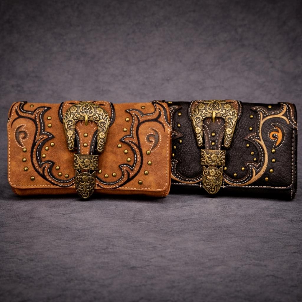 Tooled Leather Buckle Crossbody Wallet: Western Trifold Purse for Phone and Cards