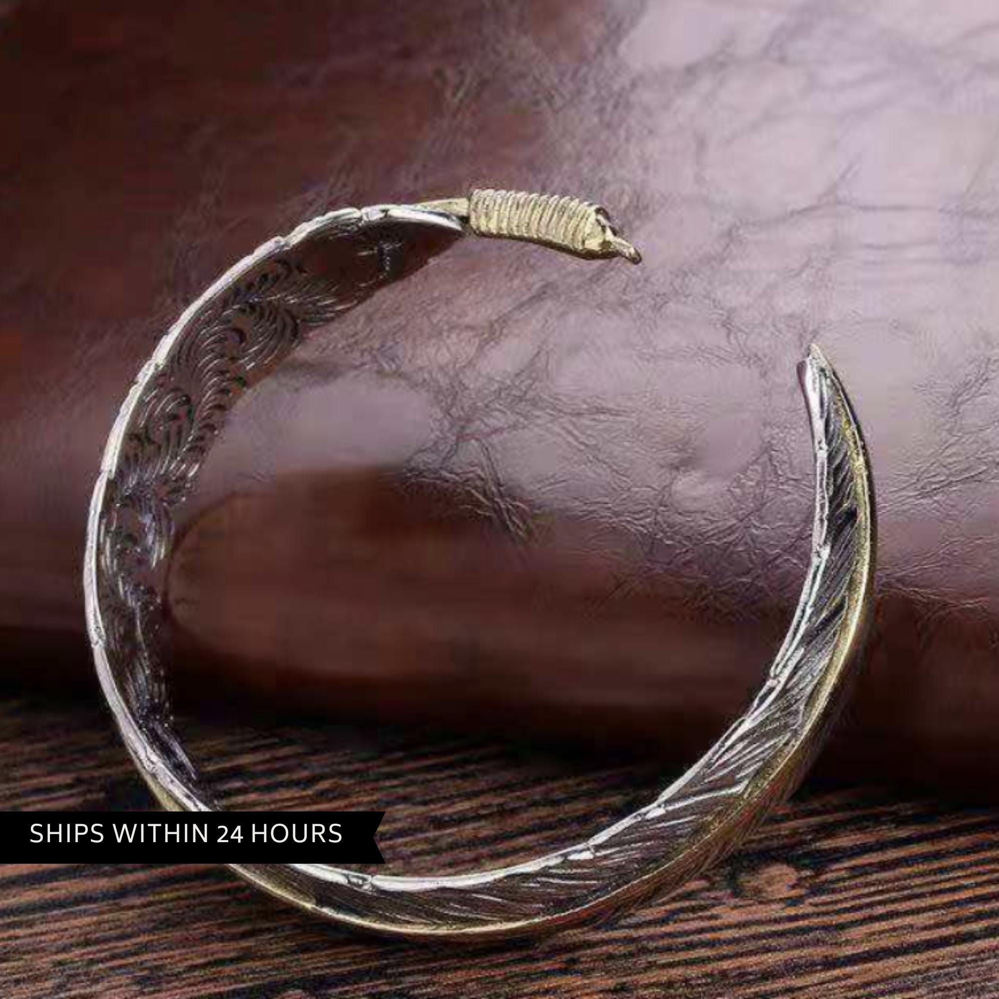 Feather Cuff Bracelet in Stainless Steel with 18K Gold Accent, Adjustable Unisex Statement Jewelry