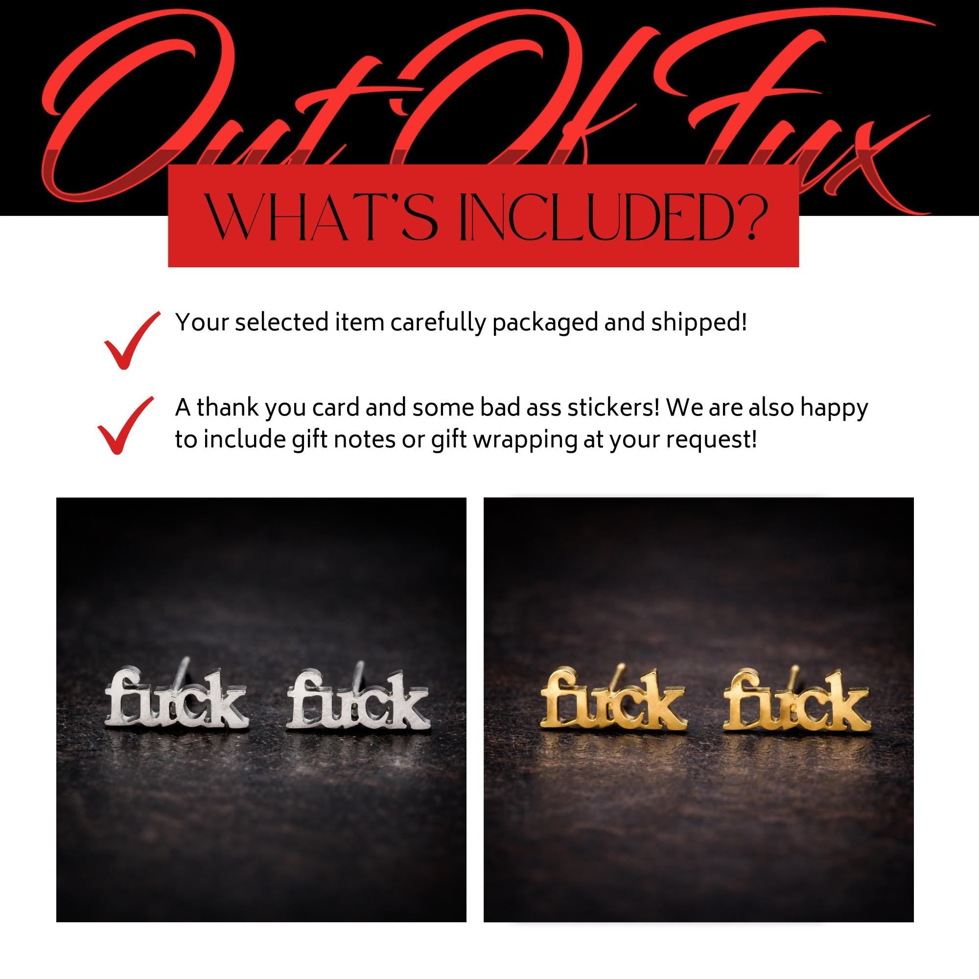 Gold Fuck Stud Earrings, Minimal Script Statement Jewelry