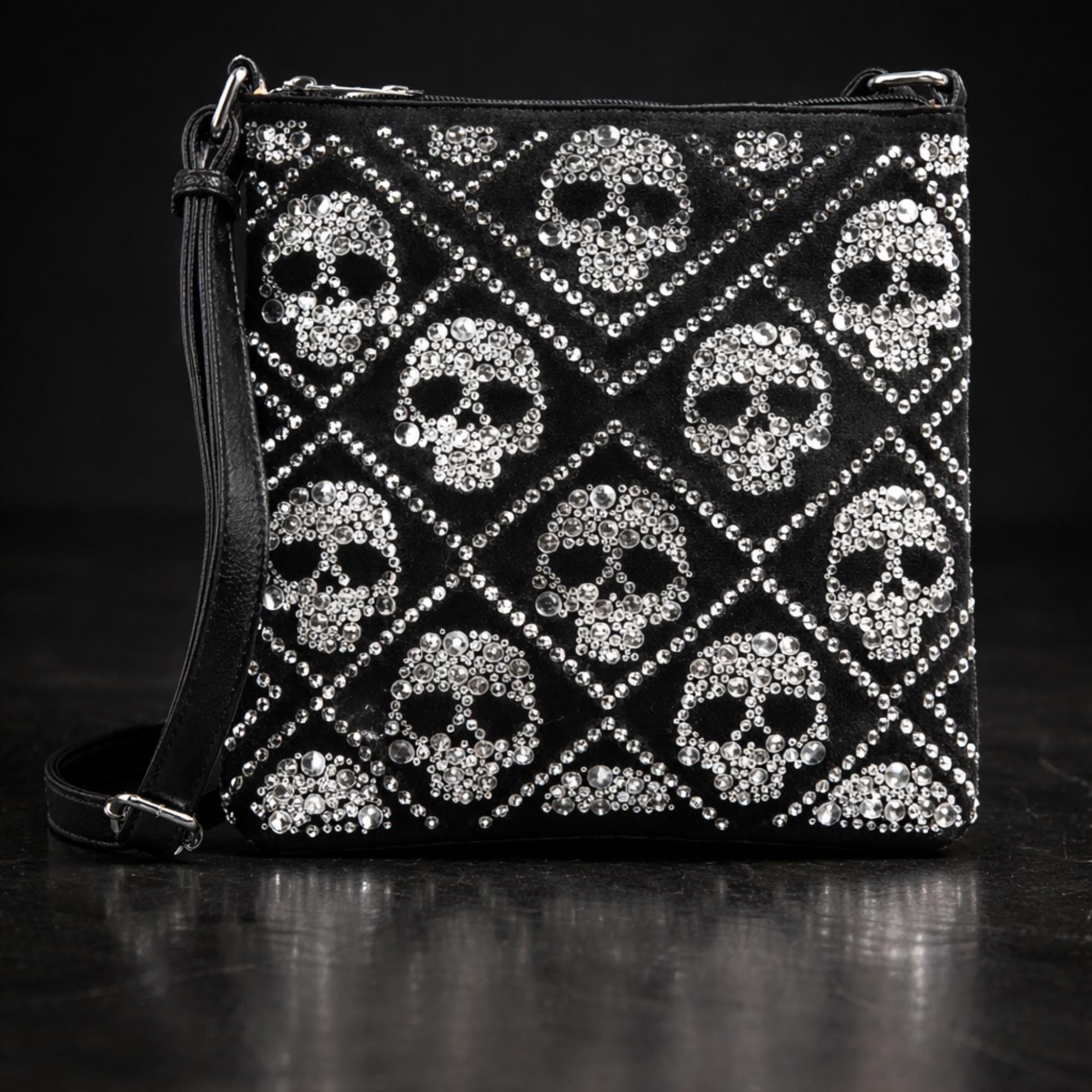 Rhinestone Skull Crossbody Bag, Faux Leather Sling Purse with Bling Detail