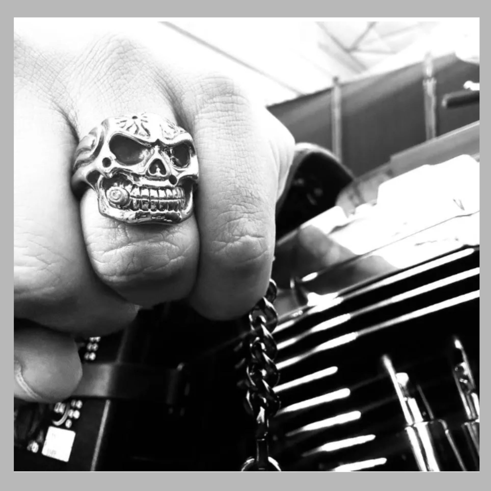Skull Biker Ring with Cigar: Titanium Gothic Statement Ring for Men