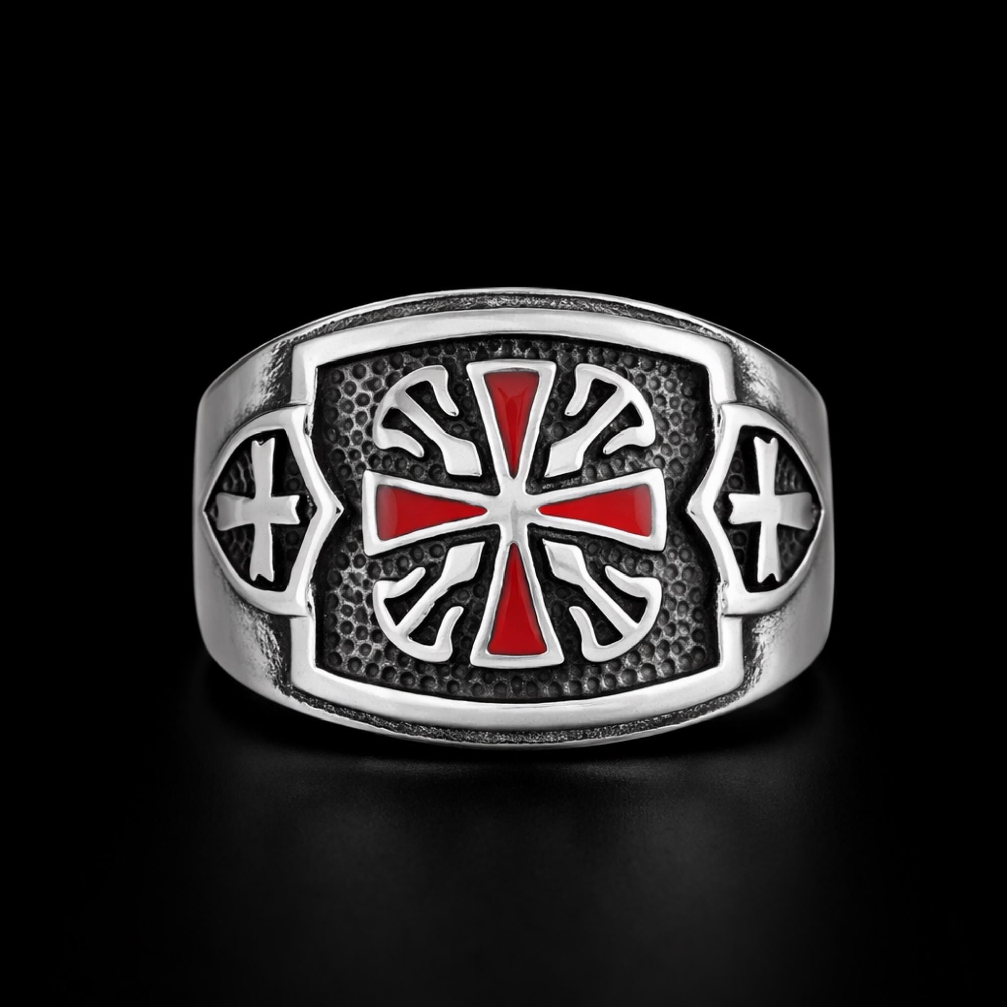 Iron Cross Biker Ring for Men, Stainless Steel Red Inlay Statement Ring