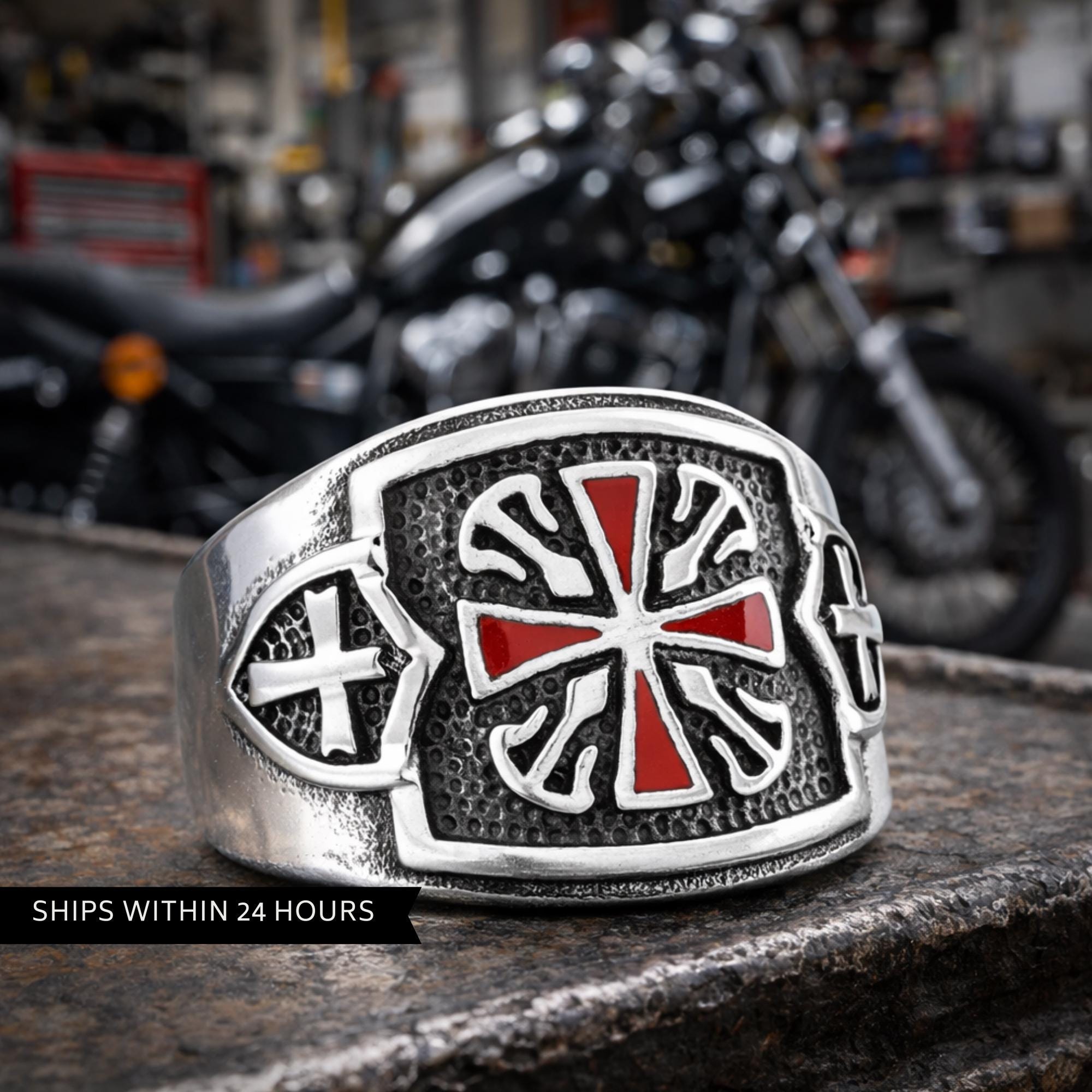 Iron Cross Biker Ring for Men, Stainless Steel Red Inlay Statement Ring