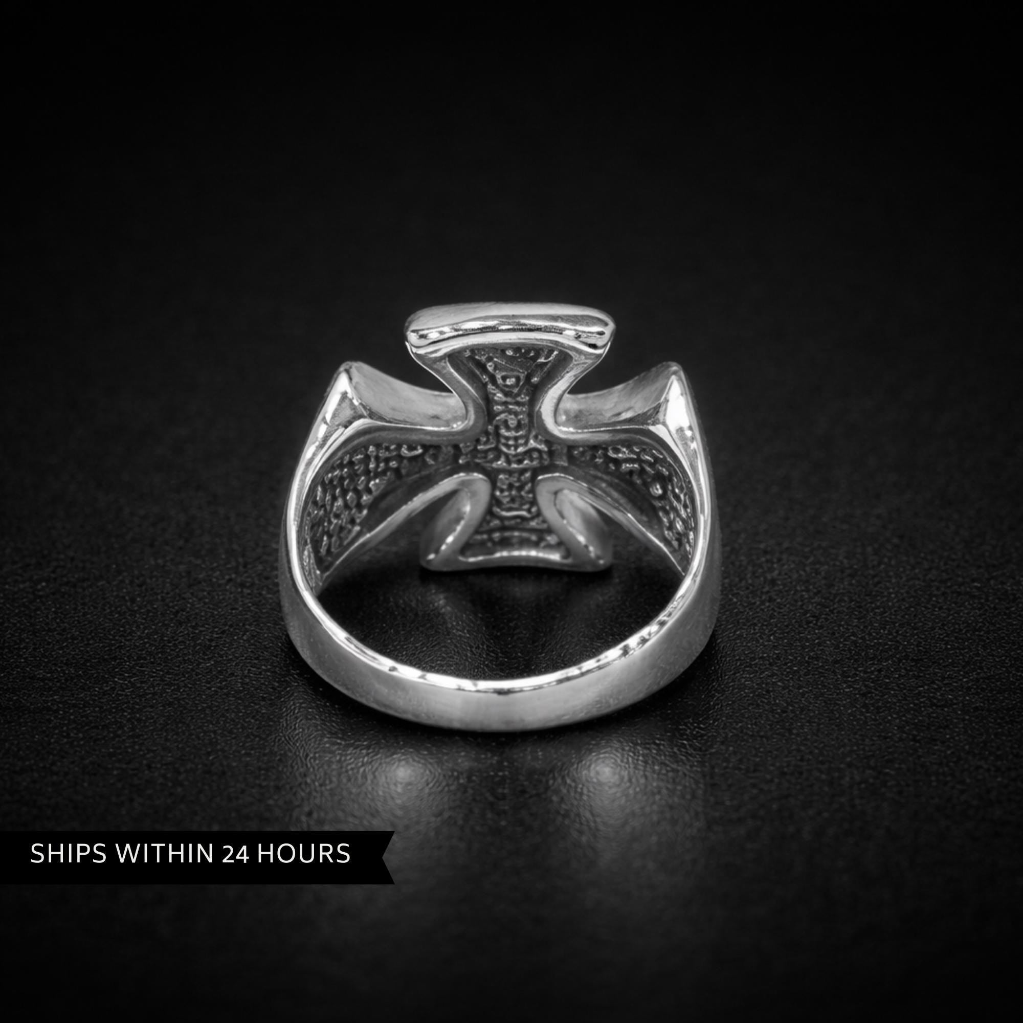 Black Iron Cross Ring for Men, Stainless Steel Gothic Statement Ring