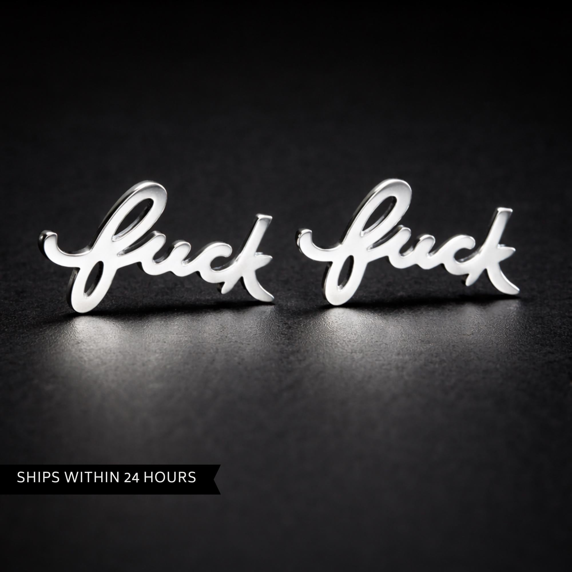 Cursive Fuck Stud Earrings Pair: Dainty Feminist Jewelry in Gold, Silver, Black