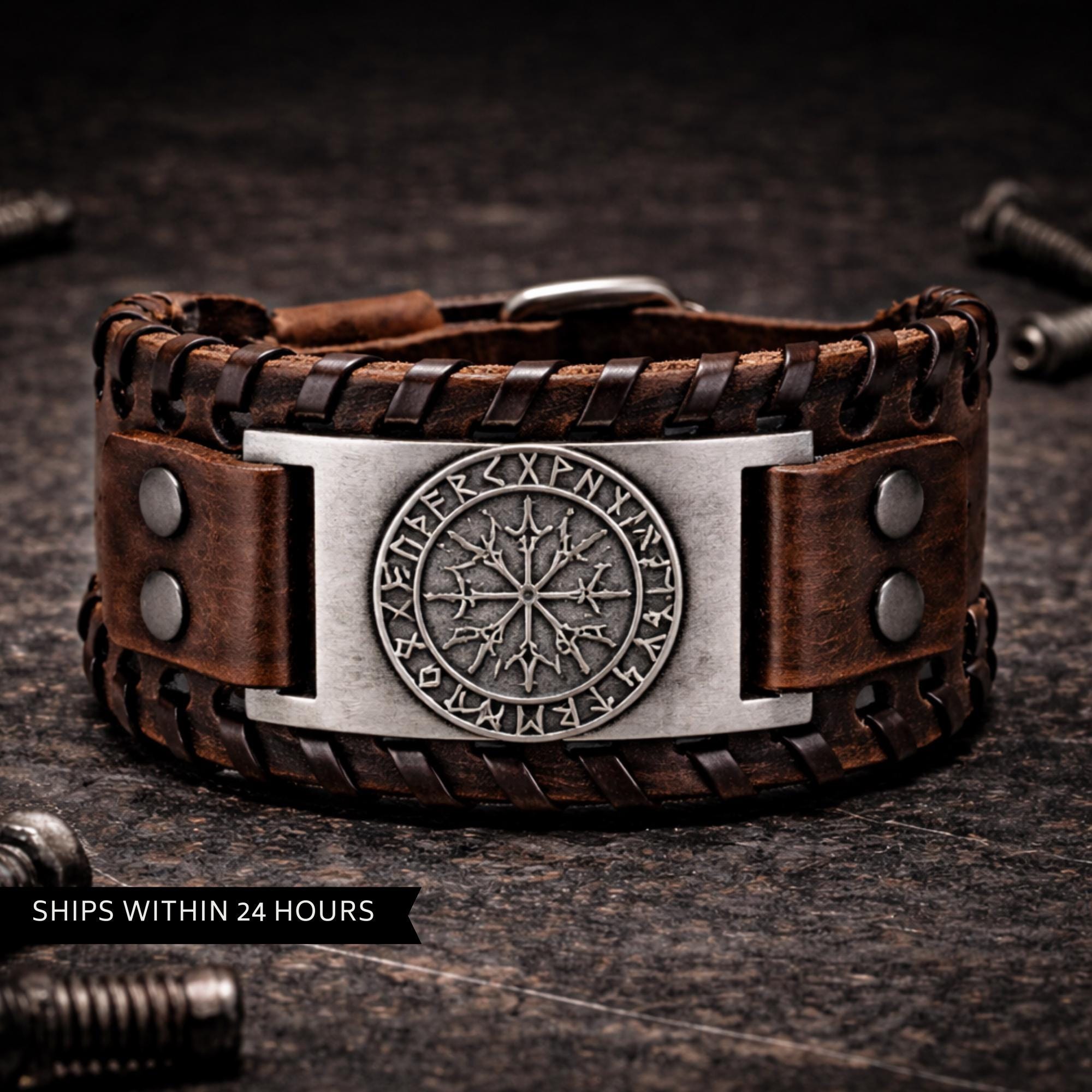 Men’s Viking Leather Cuff Bracelet with Norse Compass, Medieval Warrior Wristband