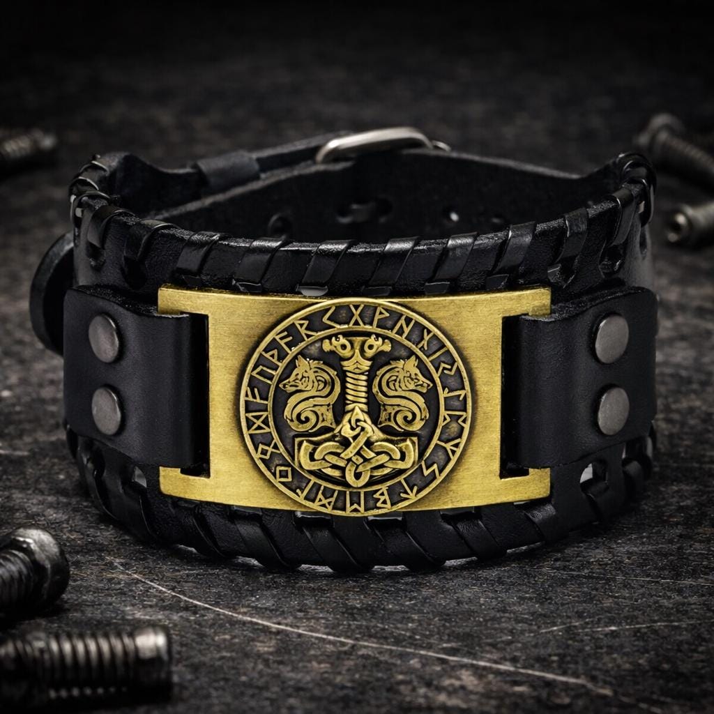 Men’s Viking Leather Cuff Bracelet with Norse Compass, Medieval Warrior Wristband
