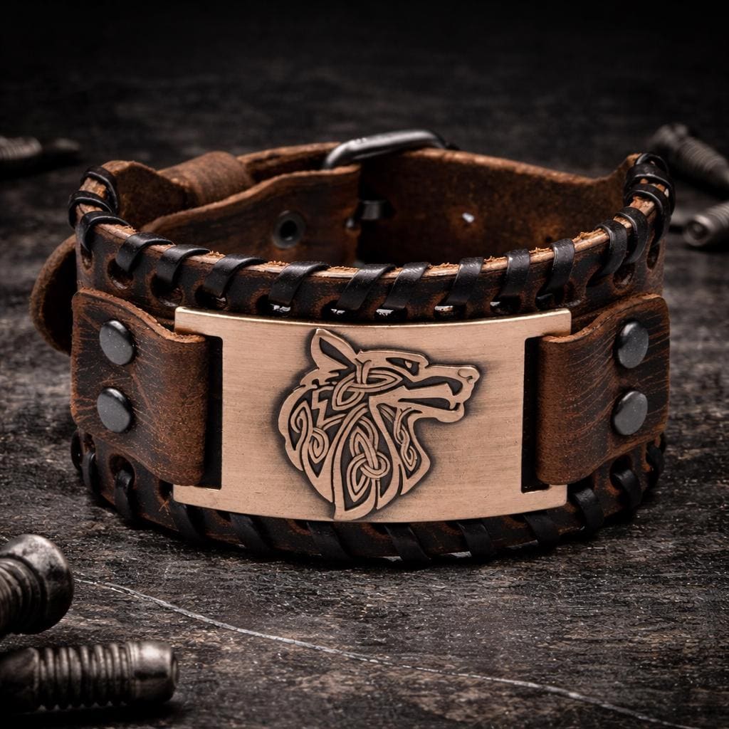 Men’s Viking Leather Cuff Bracelet with Norse Compass, Medieval Warrior Wristband