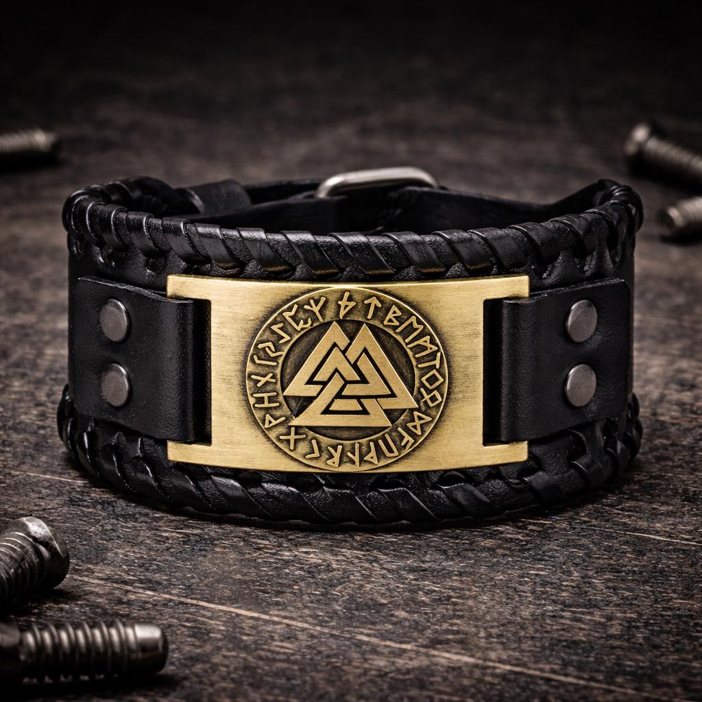Men’s Viking Leather Cuff Bracelet with Norse Compass, Medieval Warrior Wristband
