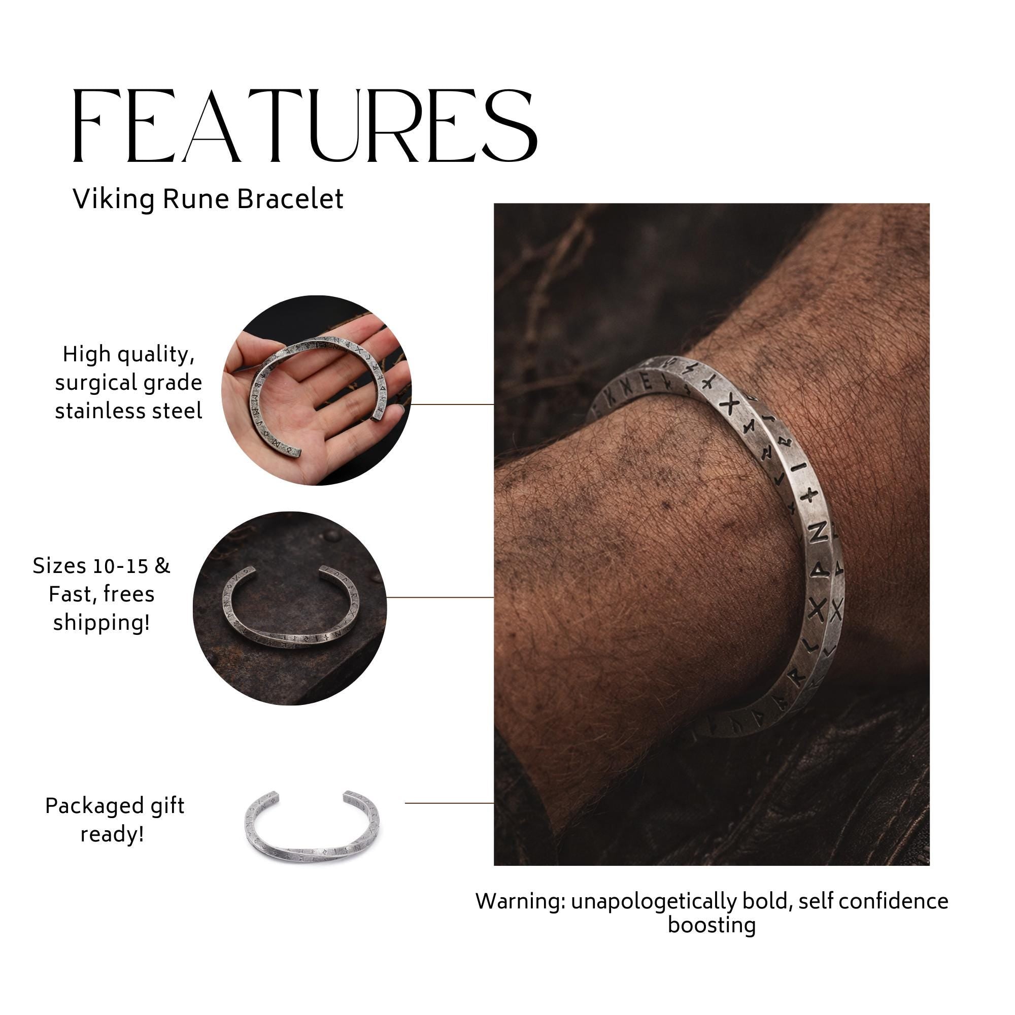 Antique Silver Viking Rune Cuff Bracelet, Stainless Steel Norse Jewelry for Men