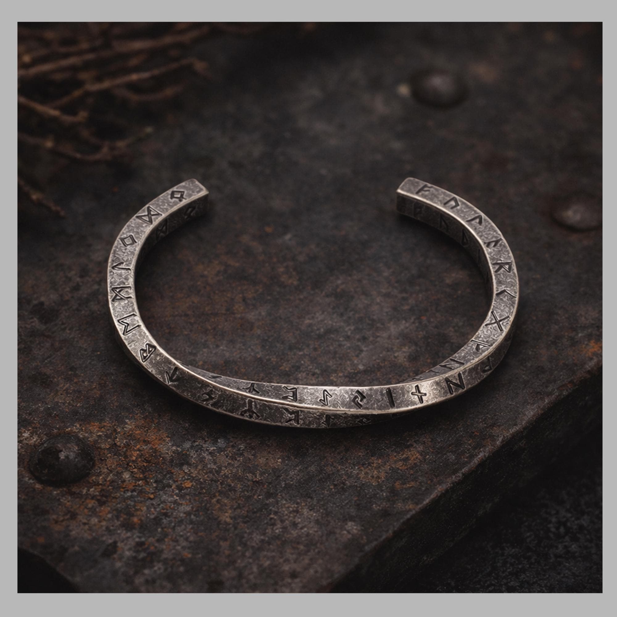 Antique Silver Viking Rune Cuff Bracelet, Stainless Steel Norse Jewelry for Men