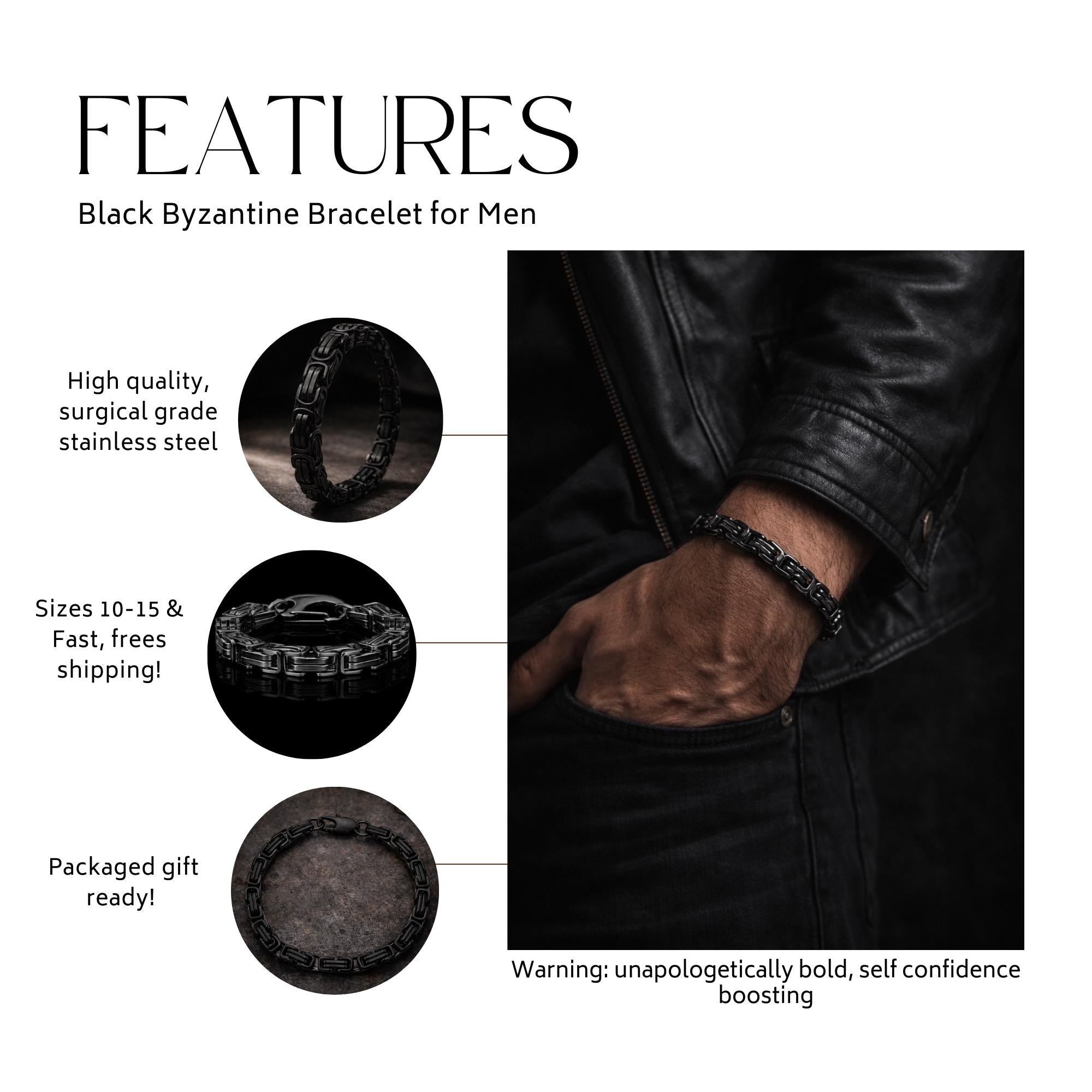 Heavy Black Stainless Steel Byzantine Bracelet, Men’s Biker Chain Jewelry