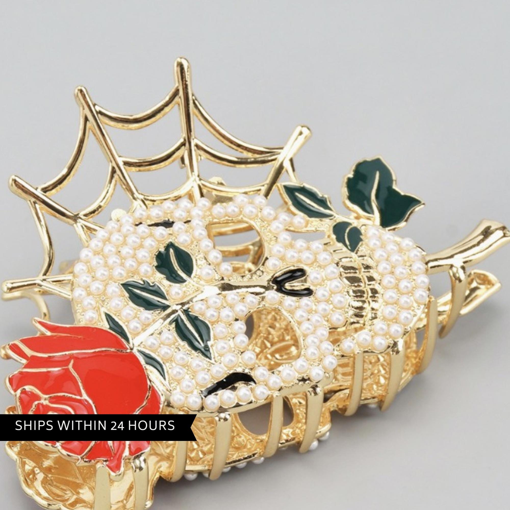 Gold Skull Hair Clip with Pearls, Gothic Statement Accessory for Edgy Alternative Style