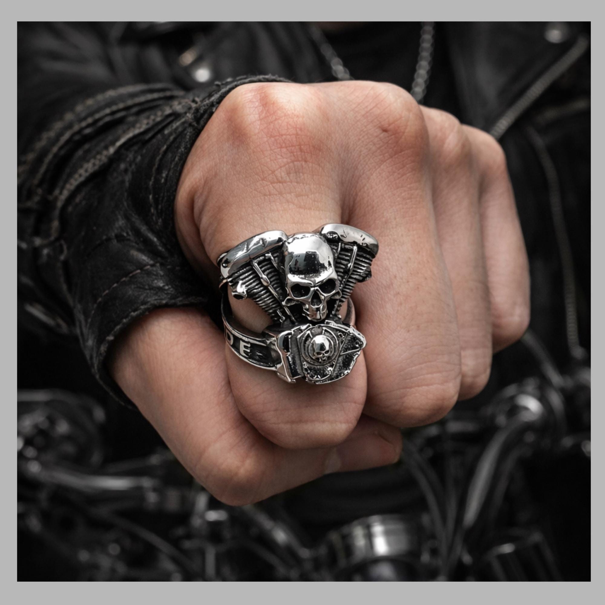 Stainless Steel Motorcycle Skull Ring, Men’s Biker Ring with Engine Detail