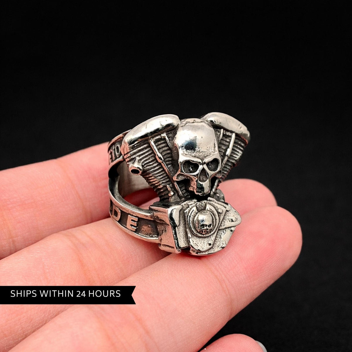 Stainless Steel Motorcycle Skull Ring, Men’s Biker Ring with Engine Detail