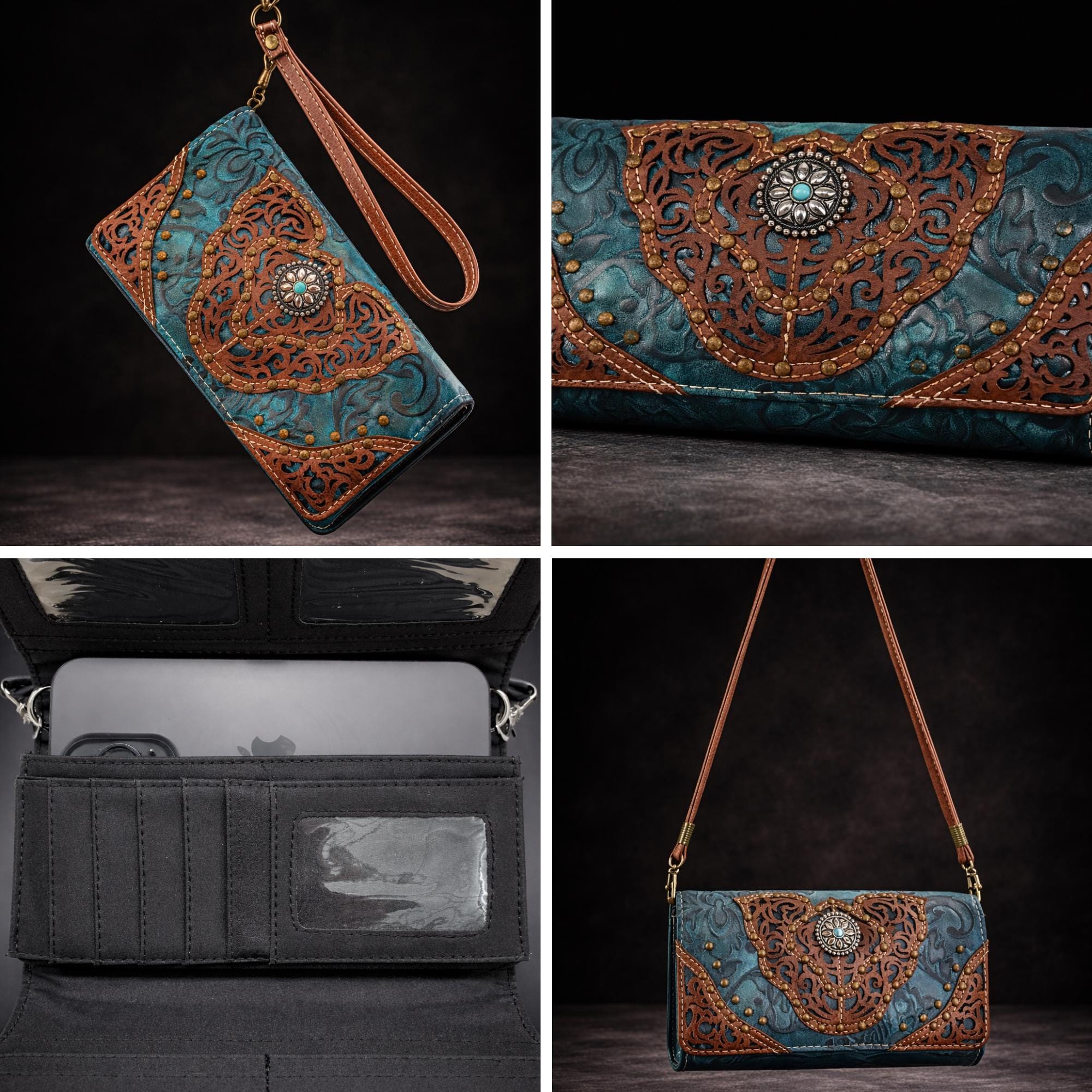 Turquoise Western Wristlet Crossbody Wallet, Tooled Faux Leather Trifold with Strap