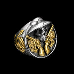 Stainless Steel Biker Skull Ring with 18K Gold Detail, Men’s Statement Ring