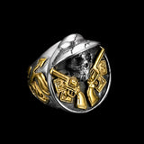 Stainless Steel Biker Skull Ring with 18K Gold Detail, Men’s Statement Ring