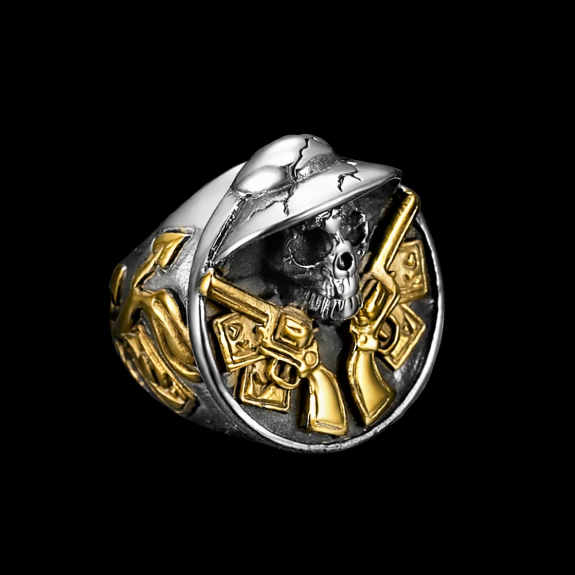 Stainless Steel Biker Skull Ring with 18K Gold Detail, Men’s Statement Ring
